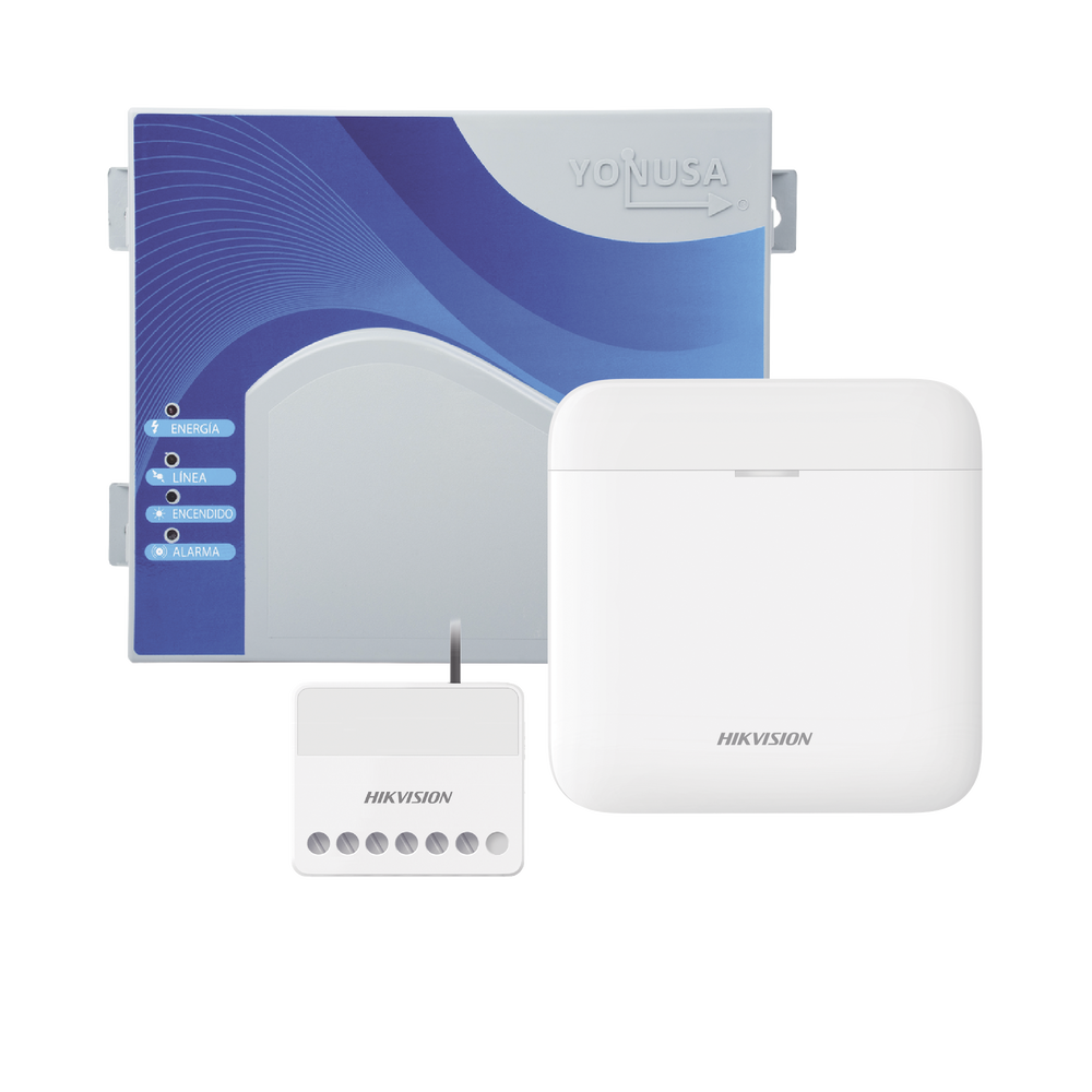 (AX PRO + YONUSA) KIT de Alarma AX PRO / Incluye: 1 Hub / 1 Energizador 2500Mts Lineales / 1 Relevador  0 a 36 VCD (Max. 5 A) con Entrada de Alarma 27/7