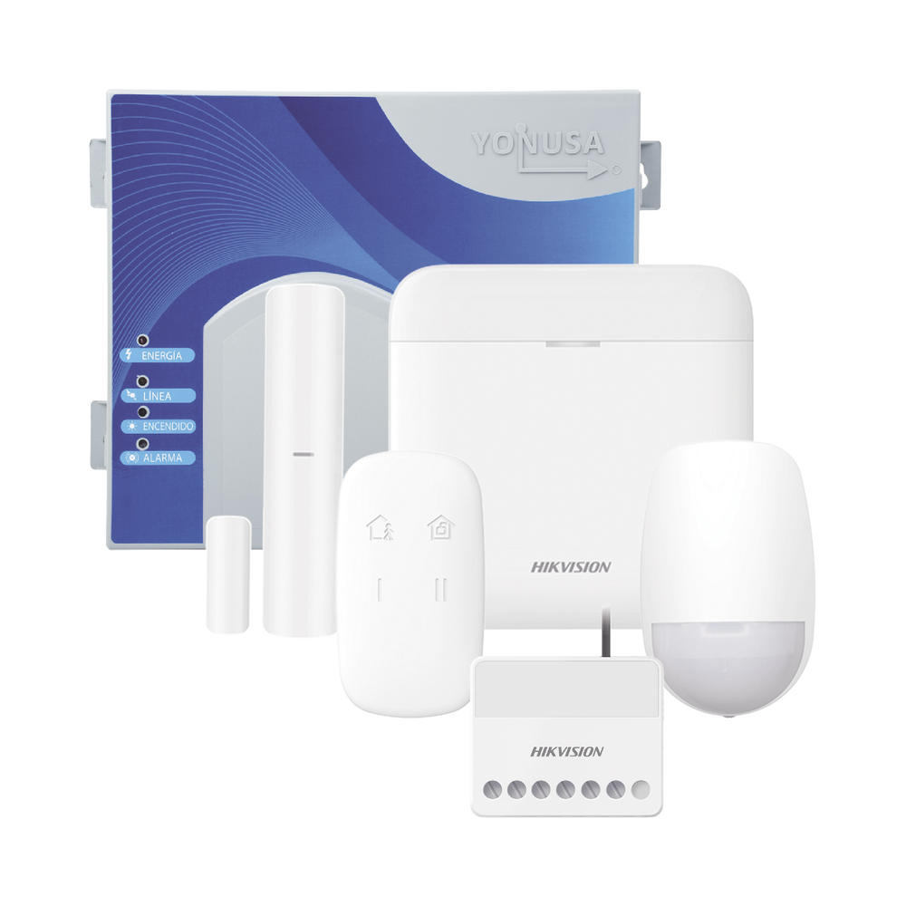 (AX PRO + YONUSA) KIT de Alarma AX PRO / Incluye: 1 Hub / 1 Energizador 2500Mts Lineales / 1 Relevador 0 a 36 VCD (Max. 5 A) con Entrada de Alarma 27/7 / 1 Keyfob / 1 PIR Interior / 1 Magnético