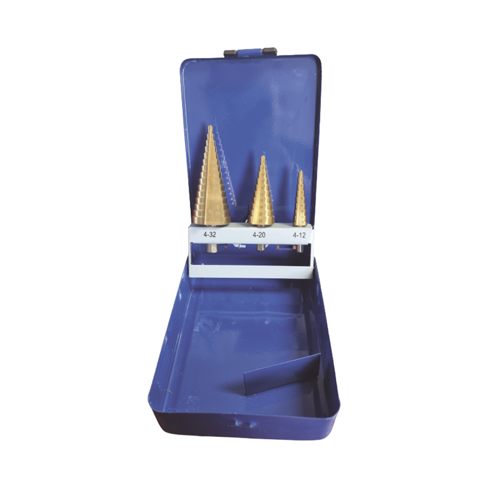 Juego de 3 Brocas Escalonadas 4-12/ 4-20/ 4-32 mm (Para Plástico o Metal).