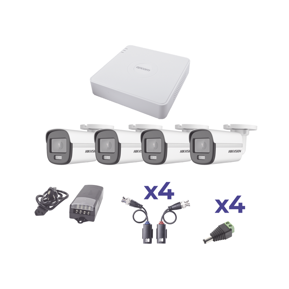 KIT COLORVU TURBOHD 1080p Lite / DVR 4 Canales / 4 Cámaras Bala (exterior 2.8 mm) / Transceptores / Conectores / Fuente de Poder Profesional