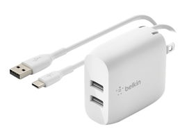 Belkin - Cargador de pared - 24 vatios - 4.8 A - 2 conectores de salida (2 x USB) - en el cable: USB-C