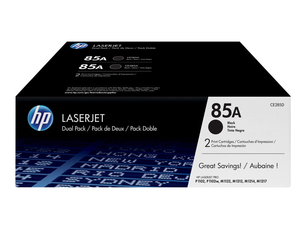 HP 85A - Paquete de 2 - negro - original - LaserJet - cartucho de tóner (CE285AD) - para LaserJet Pro M1132 MFP, M1212nf MFP, M1217nfw MFP, P1102, P1102s, P1102W, P1109, P1109W