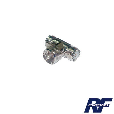 Adaptador en forma T, de Conector UHF Macho (PL-259) a Doble UHF Hembra (SO-239), Níquel/ Plata/ Delrin. Adaptador en forma T, de Conector UHF Macho (PL-259) a Doble UHF Hembra (SO-239), Níquel/ Plata/ Delrin.