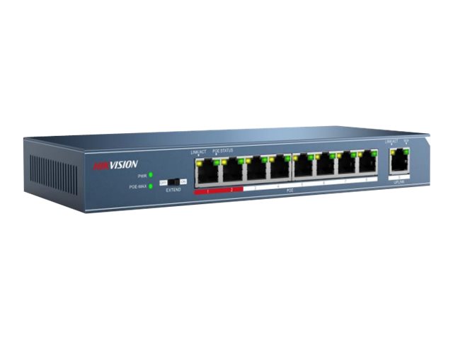 Hikvision DS-3E0109P-E - Conmutador - sin gestionar - 8 x 10/100 (PoE+) + 1 x 10/100 (enlace ascendente) - sobremesa - PoE+ (123 W)