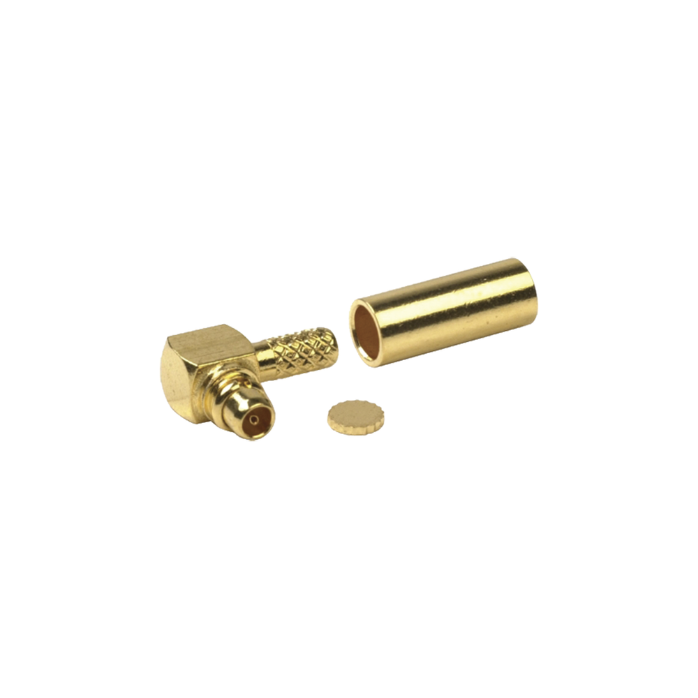 Conector MMCX Macho Inverso en Ángulo Recto para RG-174/U, Grupo B, Oro/ Oro/ Teflón. Conector MMCX Macho Inverso en Ángulo Recto para RG-174/U, Grupo B, Oro/ Oro/ Teflón.