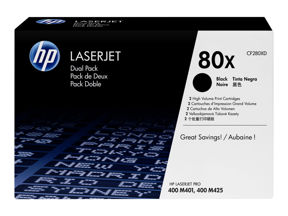 HP 80X - Paquete de 2 - Alto rendimiento - negro - original - LaserJet - cartucho de tóner (CF280XD) - para LaserJet Pro 400 M401, MFP M425 HP 80X - Paquete de 2 - Alto rendimiento - negro - original - LaserJet - cartucho de tóner (CF280XD) - para LaserJet Pro 400 M401, MFP M425