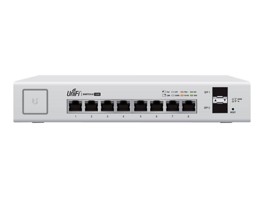 Ubiquiti UniFi Switch US-8-150W - Conmutador - Gestionado - 8 x 10/100/1000 (PoE+) + 2 x Gigabit SFP - sobremesa - PoE+