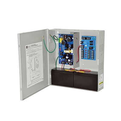 Fuente seleccionable de 12 / 24 Vcd @ 6A con 1 entrada de control a 5 salidas ; Aplicación para Control de Acceso, Sistemas de Alarma y Detección de Incendio. Con capacidad de respaldo
