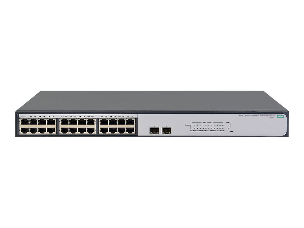 HPE 1420-24G-2SFP Switch - Conmutador - sin gestionar - 24 x 10/100/1000 + 2 x Fast Ethernet/Gigabit SFP - sobremesa, montaje en rack
