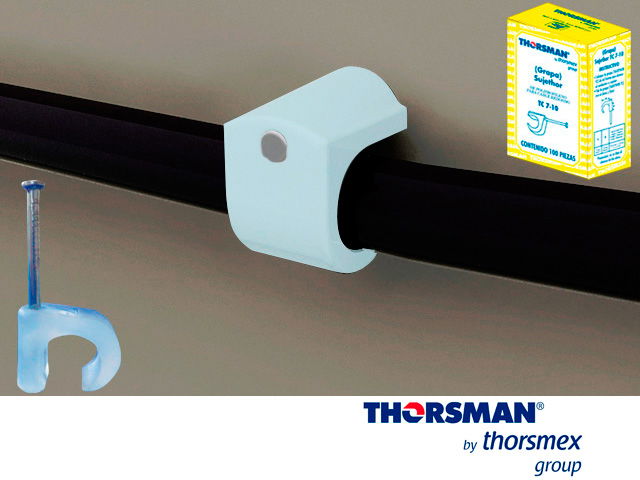 GRAPAS SUJETHOR THORSMAN 3103-00100  TC 7-10  CAJA /100PZAS COLOR NATURAL, IDEAL PARA CABLE UTP Y CALIBRE 6 A 8 , CLAVO GALVANIZADO, GRAPA DE POLIETILENO, RESISTENTE AL IMPACTO, CORROSIÓN Y  HUMEDAD