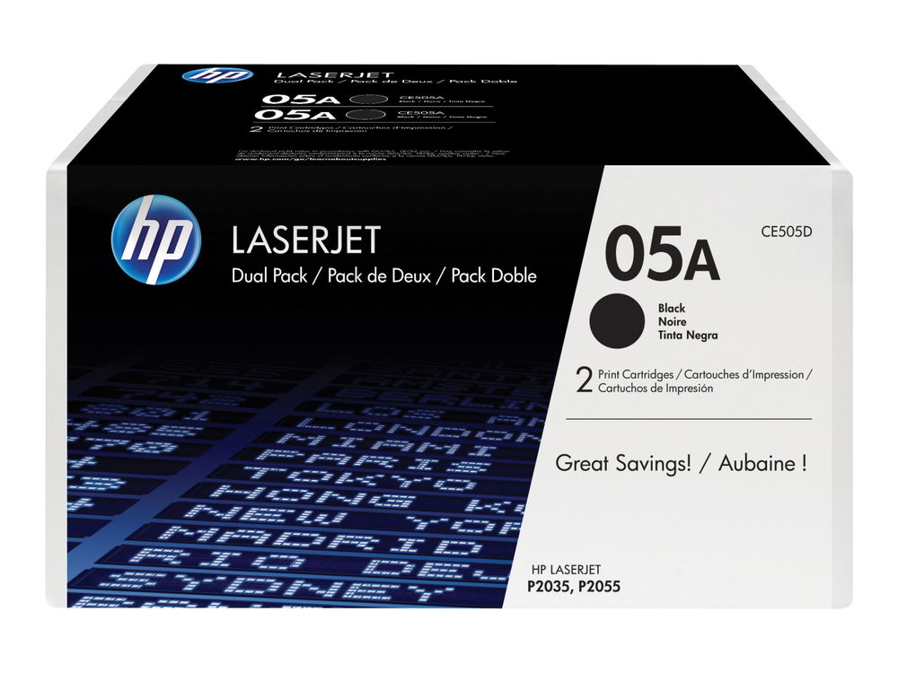 HP 05A - Paquete de 2 - negro - original - LaserJet - cartucho de tóner (CE505D) - para LaserJet P2035, P2035n, P2055, P2055d, P2055dn, P2055x