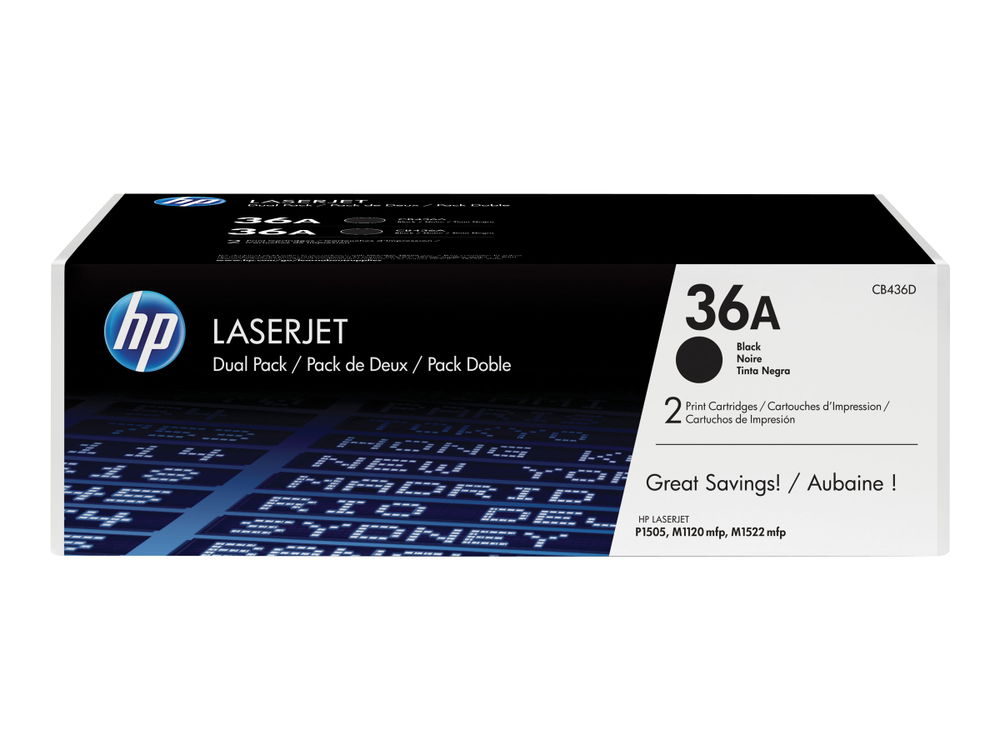 HP 36A - Paquete de 2 - negro - original - LaserJet - cartucho de tóner (CB436AD) - para LaserJet P1505, P1505n