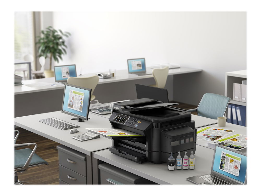 Epson EcoTank L1455 - Impresora multifunción - color - chorro de tinta - 297 x 432 mm (original) - A3 (material) - hasta 16 ppm (copiando) - hasta 18 ppm (impresión) - 500 hojas - 33.6 Kbps - LAN, Wi-Fi(n), host USB