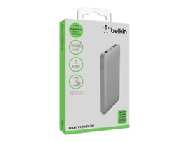 Belkin Pocket Power - Cargador portátil - 10000 mAh - 2.4 A - 2 conectores de salida (USB) - en el cable: Micro-USB - plata