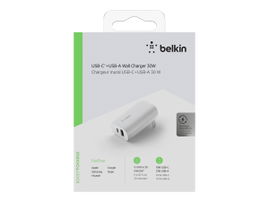 Belkin Wall Charger - Adaptador de corriente - 30 vatios - 6 A - PD - 2 conectores de salida (USB, USB-C) - en el cable: Lightning - blanco