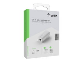 Belkin Wall Charger - Adaptador de corriente - 30 vatios - 6 A - PD - 2 conectores de salida (USB, USB-C) - en el cable: Lightning - blanco