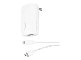 Belkin Wall Charger - Adaptador de corriente - 30 vatios - 6 A - PD - 2 conectores de salida (USB, USB-C) - en el cable: Lightning - blanco