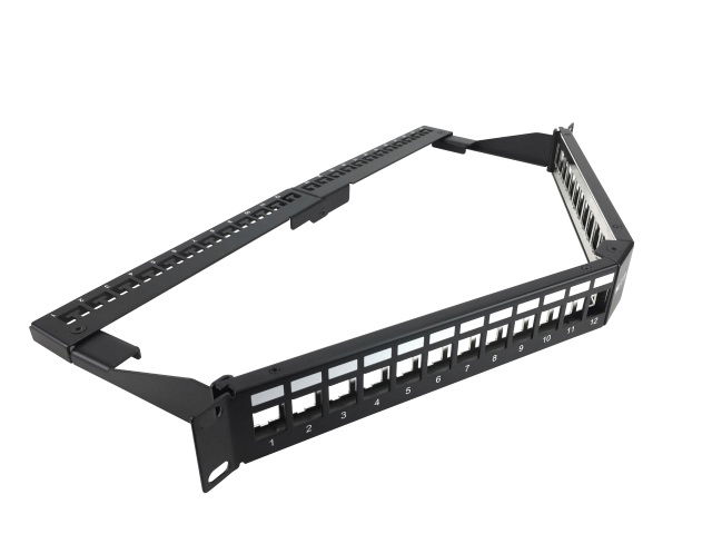 Nexxt Solutions Infrastructure - Patch panel - Cold-rolled steel - Black with silver extrusion - Angled Mod SH 24P 1U Nexxt Solutions Infrastructure - Patch panel - Cold-rolled steel - Black with silver extrusion - Angled Mod SH 24P 1U