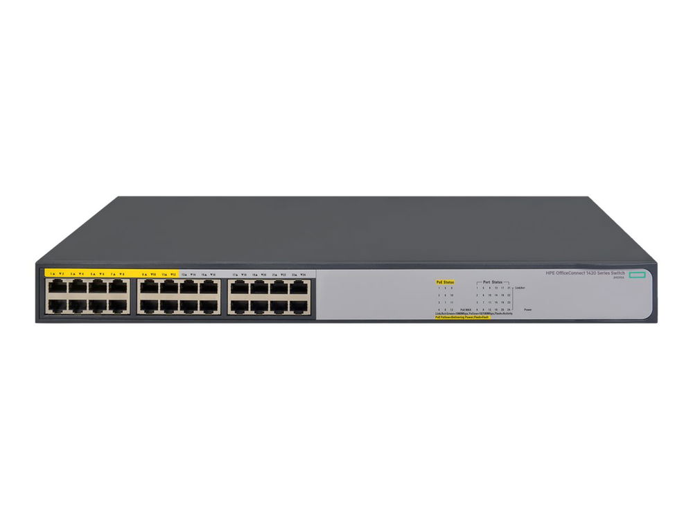 HPE 1420-24G-PoE+ (124W) Switch - Conmutador - sin gestionar - 12 x 10/100/1000 (PoE+) + 12 x 10/100/1000 - sobremesa, montaje en rack - PoE+ (124 W) HPE 1420-24G-PoE+ (124W) Switch - Conmutador - sin gestionar - 12 x 10/100/1000 (PoE+) + 12 x 10/100/1000 - sobremesa, montaje en rack - PoE+ (124 W)