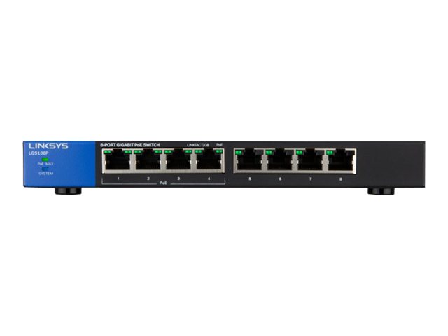Linksys LGS108P - Conmutador  - sin gestionar - 4 x 10/100/1000 (PoE+) + 4 x 10/100/1000 - sobremesa, montaje en pared - PoE+ - ca 100/230 V - 2 años de garantía