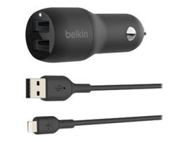 Belkin Dual Charger - Adaptador de corriente para el coche - 24 vatios - 4.8 A - 2 conectores de salida (USB) - en el cable: Lightning - negro