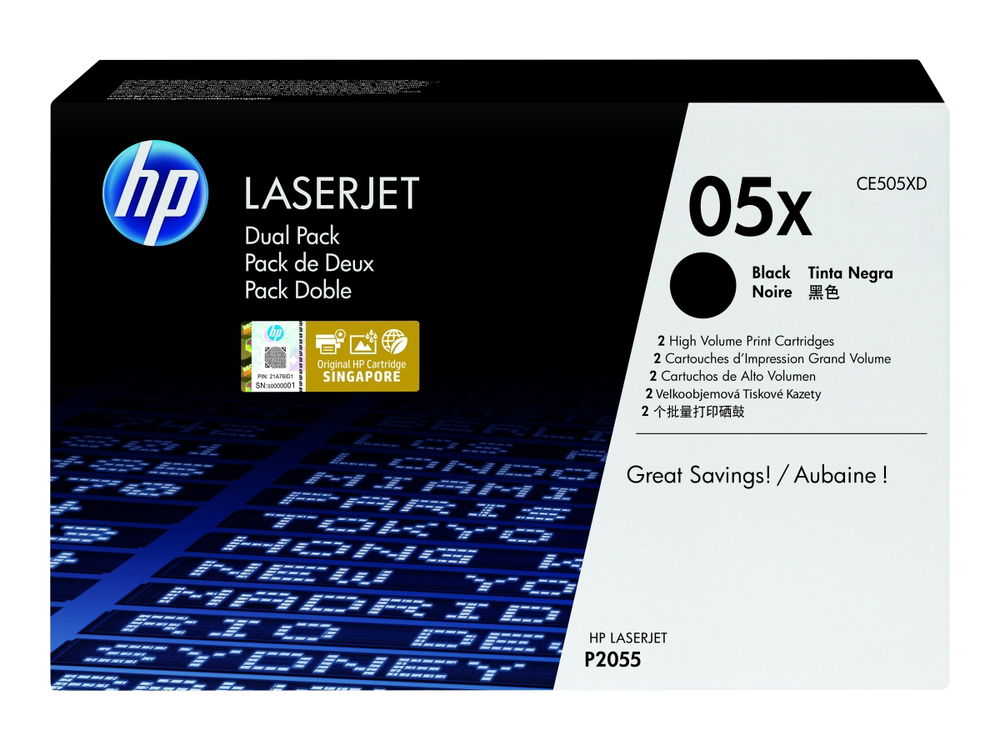 HP 05X - Paquete de 2 - Alto rendimiento - negro - original - LaserJet - cartucho de tóner (CE505XD) - para LaserJet P2055, P2055d, P2055dn, P2055x HP 05X - Paquete de 2 - Alto rendimiento - negro - original - LaserJet - cartucho de tóner (CE505XD) - para LaserJet P2055, P2055d, P2055dn, P2055x