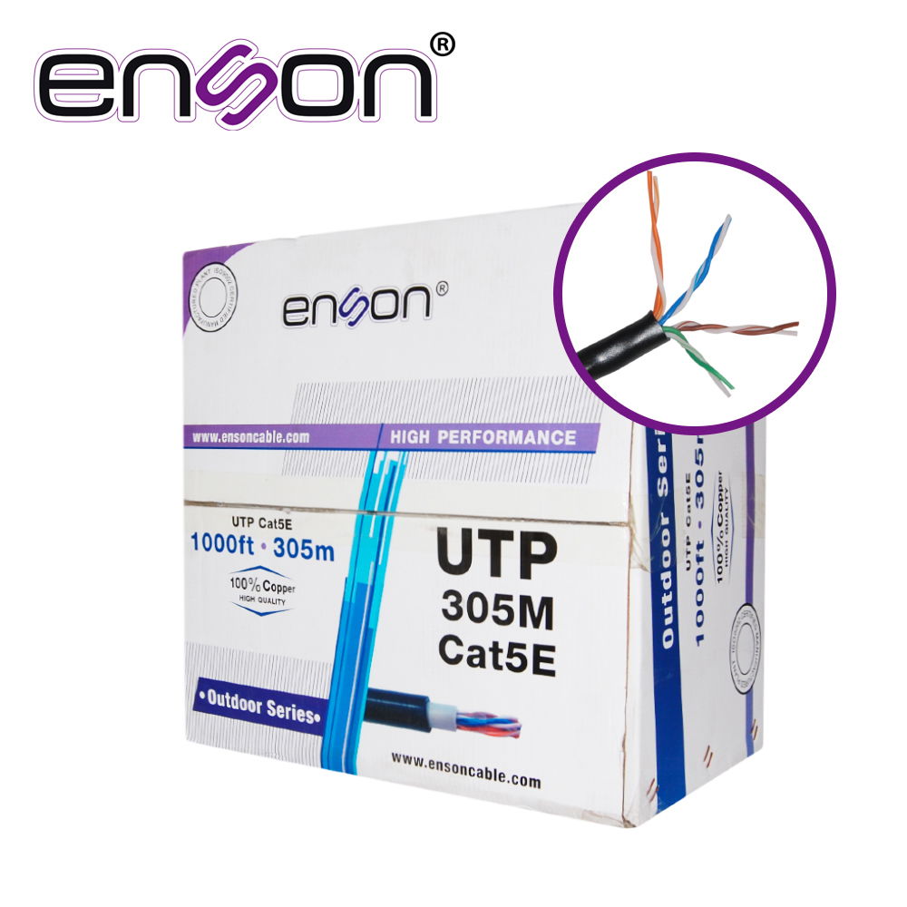 CABLE UTP CAT5E ENSON 13151B305 DOBLE FORRO SERIE PRO-II CALIBE 24 AWG 100% COBRE BOBINA DE 305 METROS FORRO PE COLOR NEGRO Y PVC COLOR GRIS USO EXTERIOR RECOMENDADO PARA CCTV, VIDEO IP Y REDES BASE 10,100