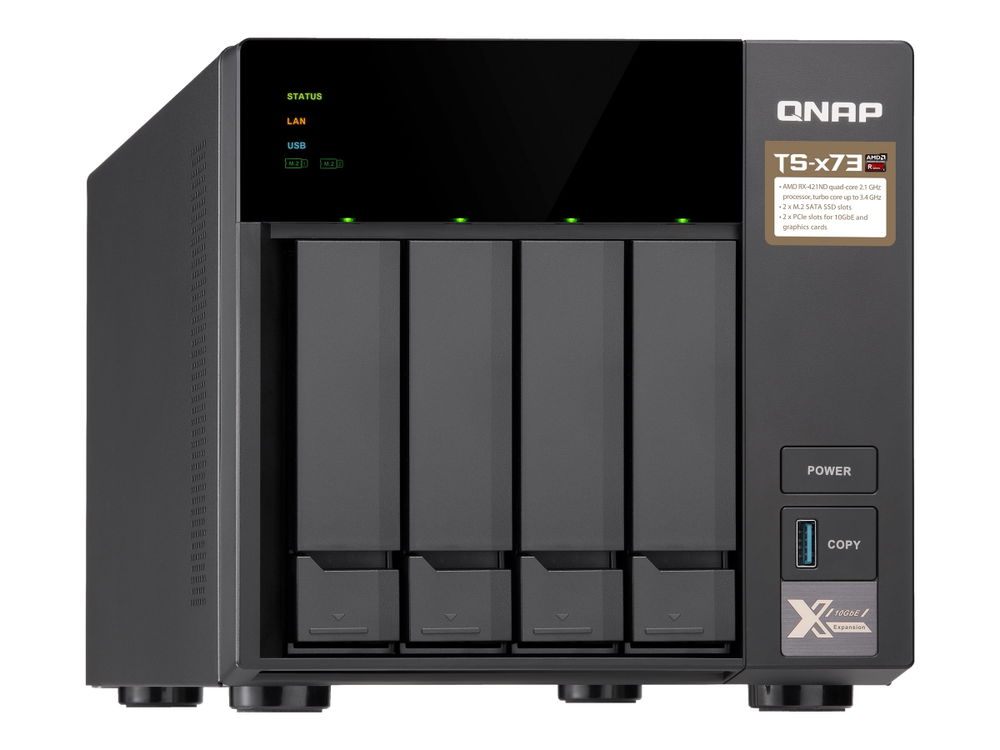 QNAP TS-473-4G - Servidor NAS - 4 compartimentos - SATA 6Gb/s - RAID 0, 1, 5, 6, 10, JBOD, 5 Hot Spare, intercambio en caliente 6, 10 repuesto rápido - RAM 4 GB - Gigabit Ethernet - iSCSI soporta