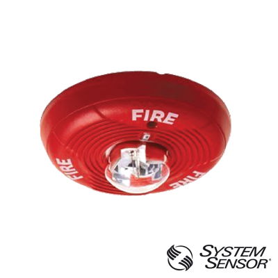 Red, two-wire, ceiling-mount horn strobe with selectable strobe settings Red, two-wire, ceiling-mount horn strobe with selectable strobe settings