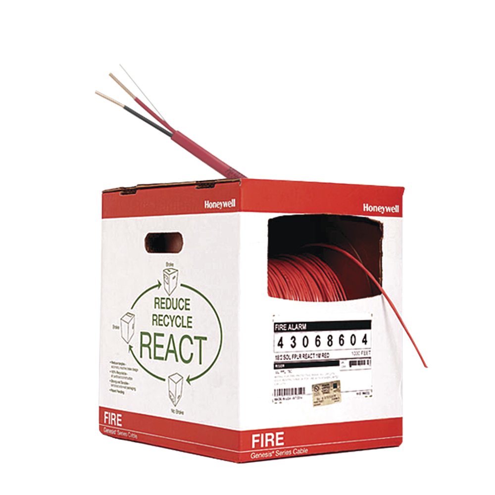 Bobina de 305 metros de alambre  calibre 14 AWG  en 2 hilos, caja REACT , resistente al fuego, color rojo, tipo FPLR- CL2R para sistemas contra incendio o sistemas de evacuación.