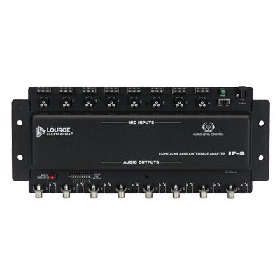 Interfaz de audio LOUROE de 8 zonas para micrófonos, proporciona alimentación , control de ganancia y facilita la conexión entre micrófonos y cámaras.