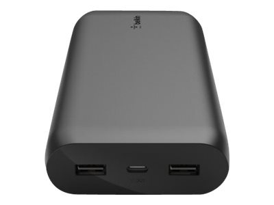 Belkin - Cargador portátil - 20000 mAh - 3 conectores de salida (USB, 24 pin USB-C) - en el cable: USB, USB-C - negro