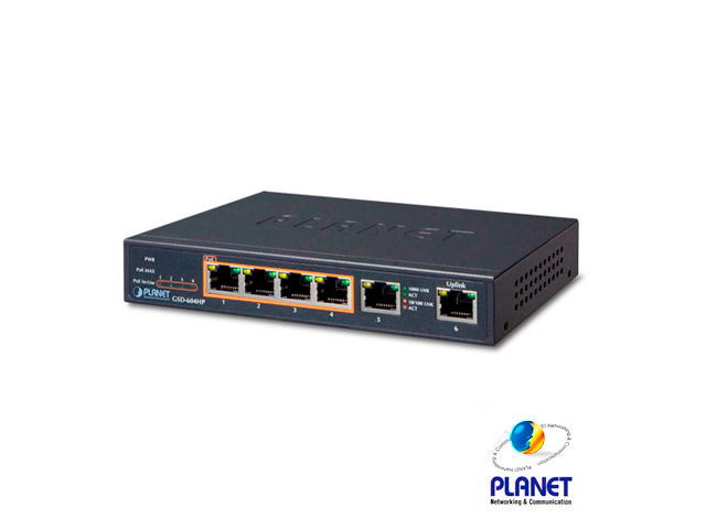Switch No Administrable 4 Puertos 10/100/1000T 802.3at PoE + 2 Puertos 10/100/1000T de Uplink para Escritorio Switch No Administrable 4 Puertos 10/100/1000T 802.3at PoE + 2 Puertos 10/100/1000T de Uplink para Escritorio