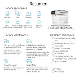 HP Color LaserJet Pro MFP M283fdw - Impresora multifunción - color - laser - Legal (216 x 356 mm) (original) - A4/Legal (material) - hasta 22 ppm (copiando) - hasta 22 ppm (impresión) - 250 hojas - 33.6 Kbps - USB 2.0, Gigabit LAN, Wi-Fi(n), host USB
