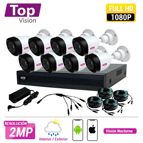 KIT 8X8 TOP808 INCLUYE 1 DVR 8CH XDVR-1008 1080P-LITE + 8 CAMARAS BULLET 1080P 2MP TCB200 +  8 CABLES 18MTS C/U + FUENTE DE PODER Y DISTRIBUIDORES DE VIDEO.