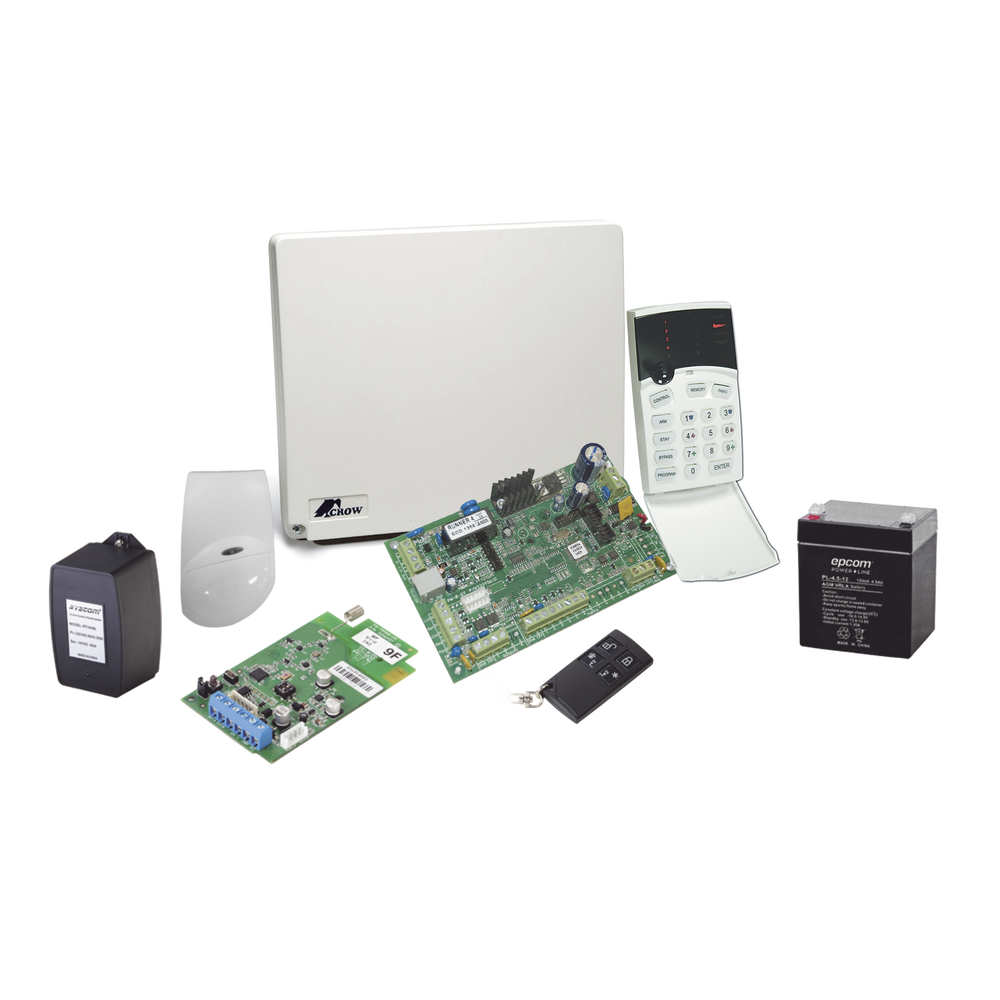 Kit inalámbrico de panel RUNNER4/8 con receptor FWTRANS9F, 2 contactos FW2MAG9F, 1 Detector de movimiento FW2NEO9F, 1 Llavero RF, Batería/Transformador.