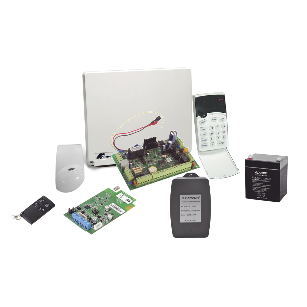 Kit de alarma de 8 a 16 zonas híbrido incluye: sensor de movimiento inalámbrico, receptor inalámbrico, 2 contactos magnéticos inalámbricos y control remoto inalámbrico.
