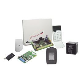 Kit de alarma de 8 a 16 zonas híbrido incluye: sensor de movimiento inalámbrico, receptor inalámbrico, 2 contactos magnéticos inalámbricos y control remoto inalámbrico.