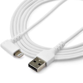 StarTech.com Cable Resistente USB-A a Lightning de 2 m - Blanco -Acodado en un Ángulo de 90° a la Derecha - Cable de Carga y Sincronización USB Tipo A a Lightning de Fibra de Aramida Resistente - MFi - iPhone