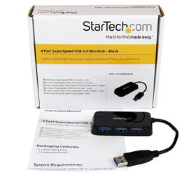 StarTech.com Adaptador Concentrador Hub Ladrón USB 3.0 Super Speed 4 Puertos Salidas Portátil para Ordenador Portátil - Negro (ST4300MINU3B) - Hub - 4 x SuperSpeed USB 3.0 - sobremesa - para P/N: FCREADMICRO3, MSDREADU3CA, USB3S2ESATA3 StarTech.com Adaptador Concentrador Hub Ladrón USB 3.0 Super Speed 4 Puertos Salidas Portátil para Ordenador Portátil - Negro (ST4300MINU3B) - Hub - 4 x SuperSpeed USB 3.0 - sobremesa - para P/N: FCREADMICRO3, MSDREADU3CA, USB3S2ESATA3